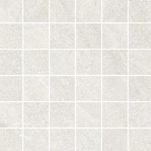 A grid of white porcelain tiles with varying shades of grey and beige, reflecting a natural stone pattern.