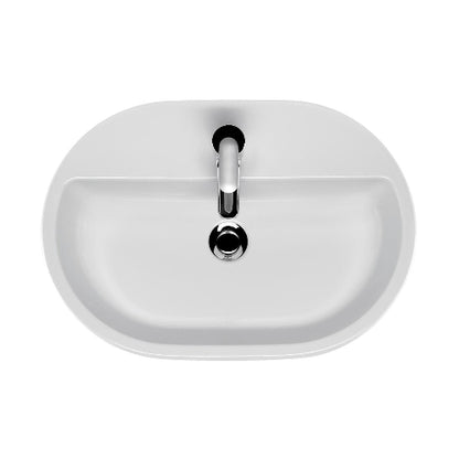 White oval sink with a silver faucet on a white background