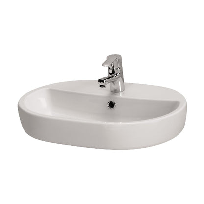 White oval sink with a silver faucet on a white background