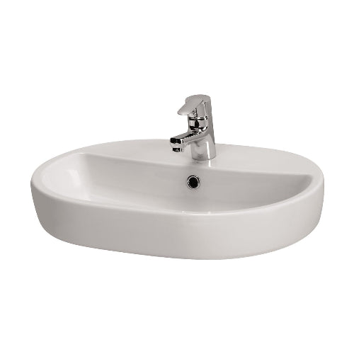 White oval sink with a silver faucet on a white background