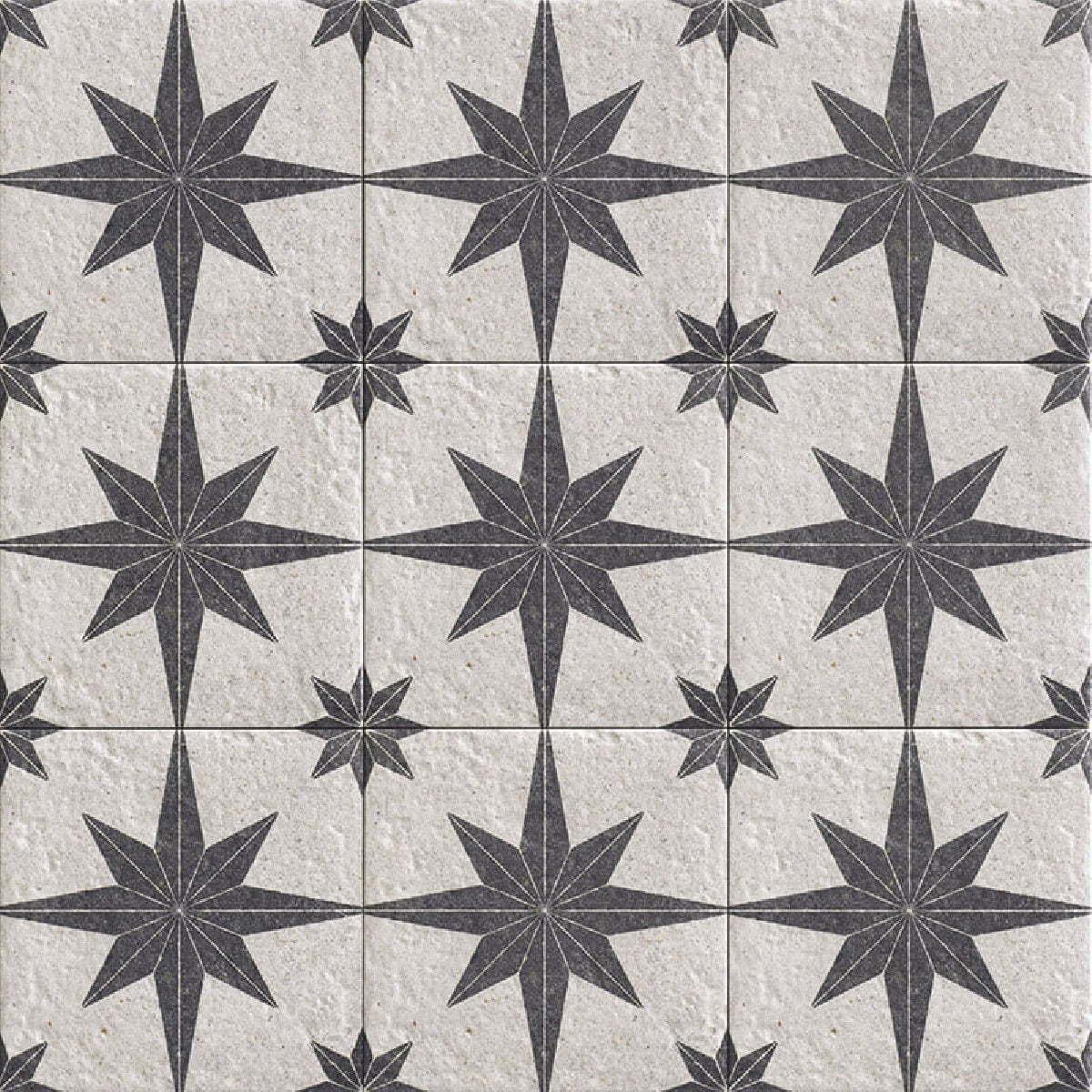 Patterned tiles with star design on a gray background