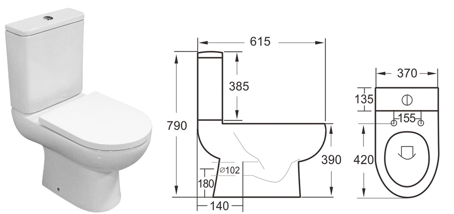 White toilet with dimensions labeled on a white background