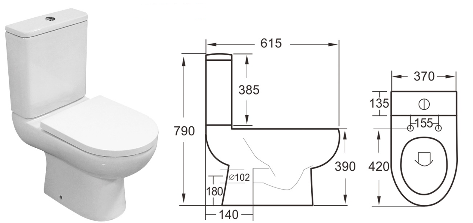 White toilet with dimensions labeled on a white background