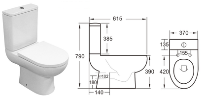 White toilet with dimensions labeled on a white background