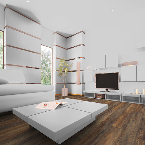 Modern living room with a bed, TV, and decor elements.