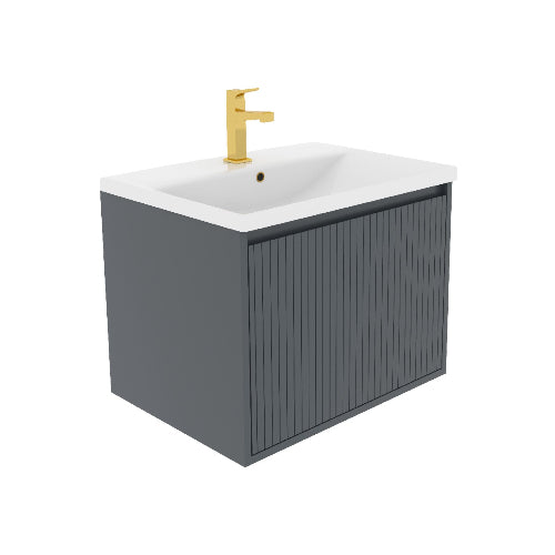 A white bathroom vanity unit with a gold faucet, featuring a single drawer and a modern panel effect design.