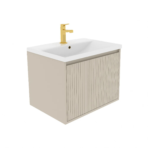 A white bathroom vanity unit with a gold faucet, featuring a single drawer and a modern panel effect design.