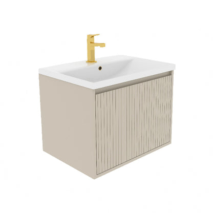 A white bathroom vanity unit with a gold faucet, featuring a single drawer and a modern panel effect design.