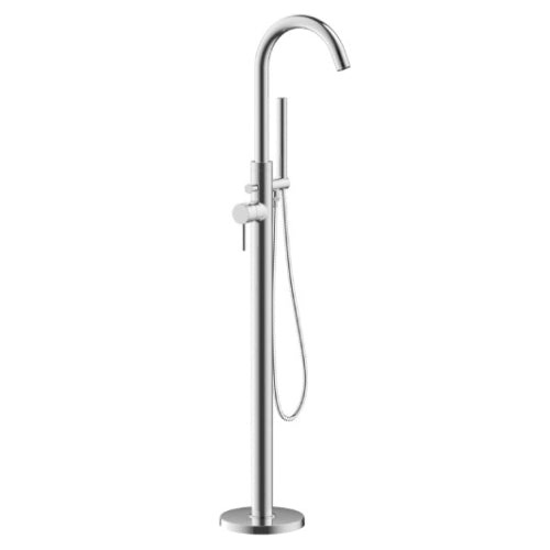A freestanding bath shower mixer with a sleek chrome finish and a hand-held shower head.