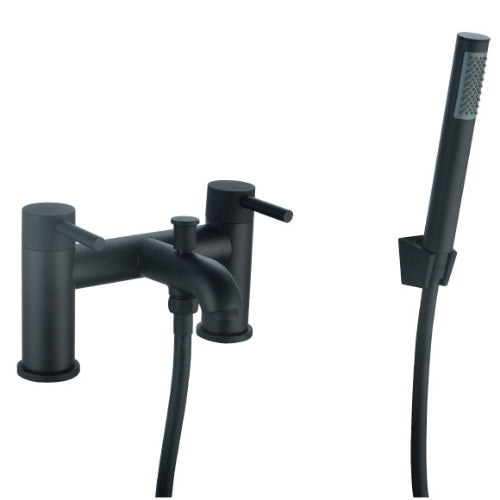 A black bath shower mixer with a smooth round body and a modern, matt black finish. Includes a shower kit consisting of a hand held shower handset, wall bracket, and smooth flexible hose.