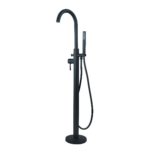 A freestanding black bath shower mixer with a matte finish, featuring a large shower head and a hand-held spray.