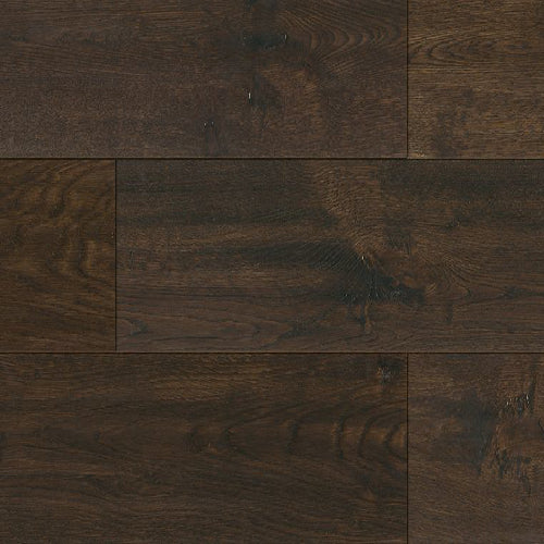 Close-up of dark brown wooden flooring with visible grain and texture.