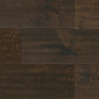 Close-up of dark brown wooden flooring with visible grain and texture.