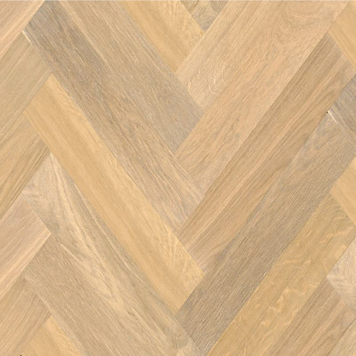 Wooden floor with herringbone pattern in beige and brown tones