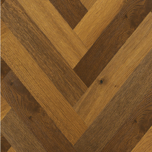 Wooden flooring with a herringbone pattern in brown and beige tones.