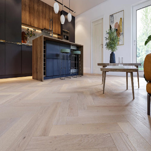Modern kitchen with wooden flooring and furniture