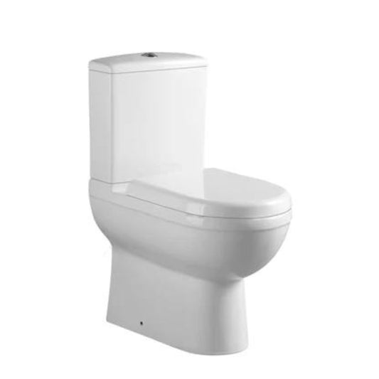 A white close coupled Juliet toilet with a modern design, featuring a D-shaped seat and a soft close mechanism.