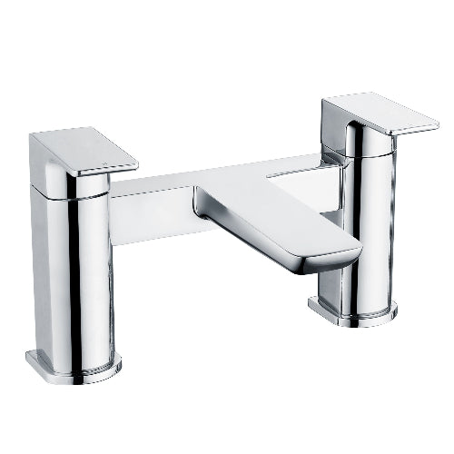 A silver-colored bath filler with a squared shape and two handles, designed for temperature control.