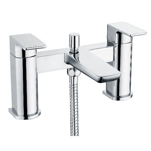 A contemporary style chrome finish bath shower mixer with a handheld shower handset and flexible hose.