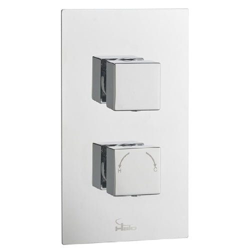 A Square Twin Concealed Valve with two square control plates on a shiny, metallic surface, likely chrome, with the brand name visible.