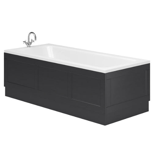 Black freestanding bathtub with white basin and silver faucet on a white background
