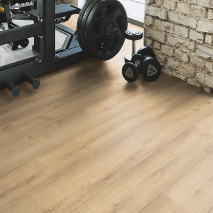 Wooden floor with gym equipment including weights and a treadmill.