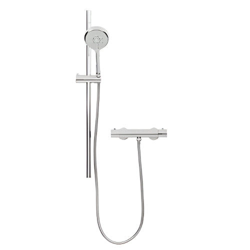 A chrome finish high end slider shower rail kit with a round slider rail and a round shower headset, including a thermostatic bar valve.