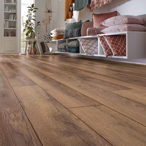 Wooden flooring with a modern interior setting featuring shelves and decorative items.