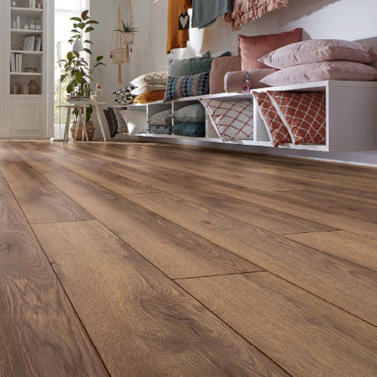 Wooden flooring with a modern interior setting featuring shelves and decorative items.