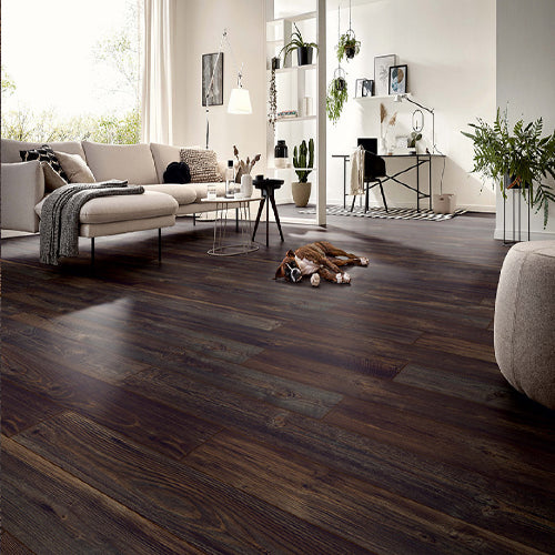 Modern living room with wooden flooring, furniture, and decor.