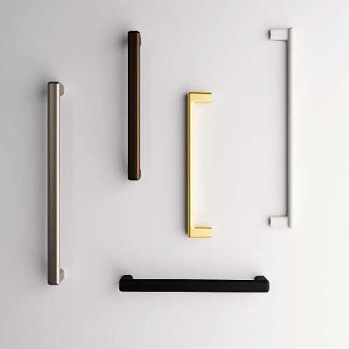 Set of different door handles on a light gray background