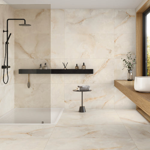 Modern bathroom with marble-like tiles and minimal decor