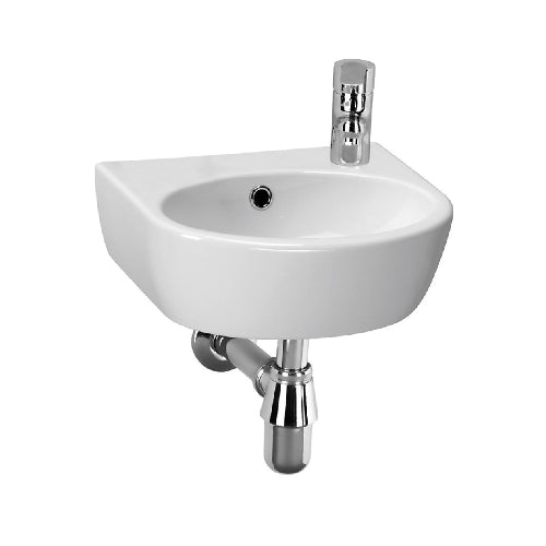 Corner wall-mounted sink with chrome faucet on a white background