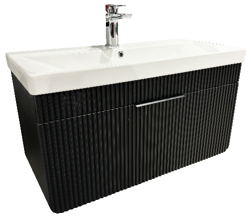 Black bathroom vanity with white sink on a white background