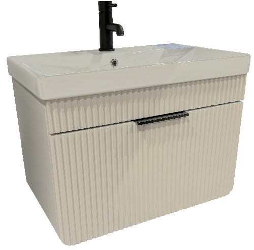 Beige bathroom vanity with white sink and black faucet on a white background