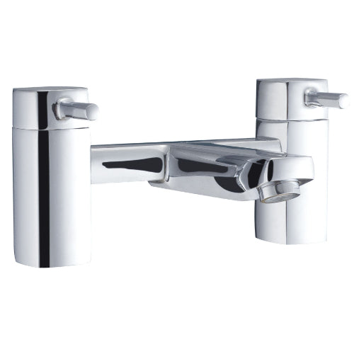 A silver-colored dual-handle bath filler with a sleek design, featuring a chrome finish.