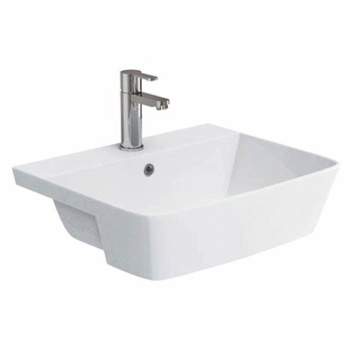 A white, rectangular semi-recessed basin with a silver faucet, set against a white background.