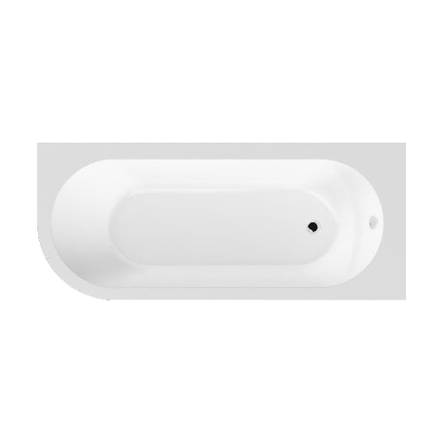 A white, left-curved corner bathtub with a smooth surface and no visible tap or panels.