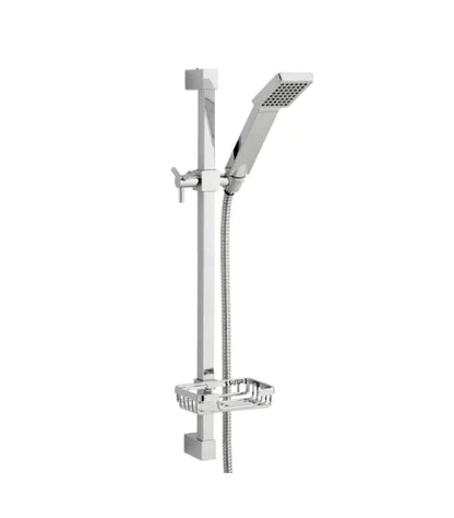 Chrome shower set with head and hose on a white background