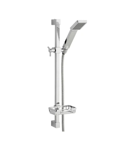 Chrome shower set with head and hose on a white background
