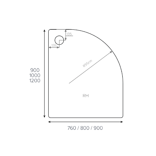 Technical drawing of a curved surface with dimensions labeled