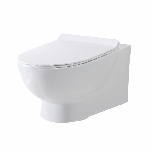 White wall-mounted toilet with closed lid on a white background