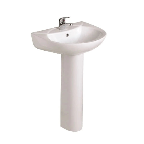 White pedestal sink on a white background