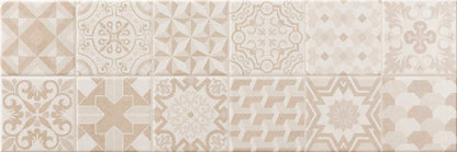 Patterned tiles in beige and brown tones arranged in a grid.