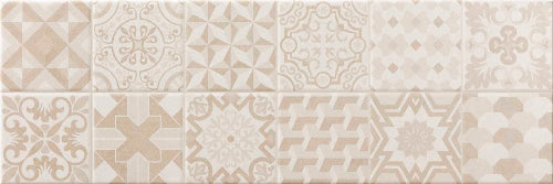 Patterned tiles in beige and brown tones arranged in a grid.