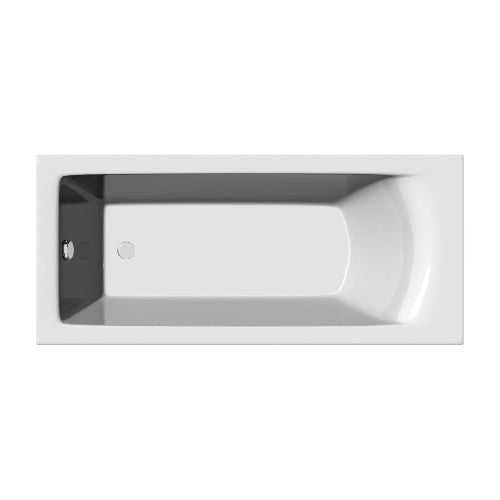 An overhead view of a white acrylic bath with one end sloped, undrilled, in a modern design.