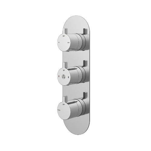 Chrome shower control panel with three circular components on a white background