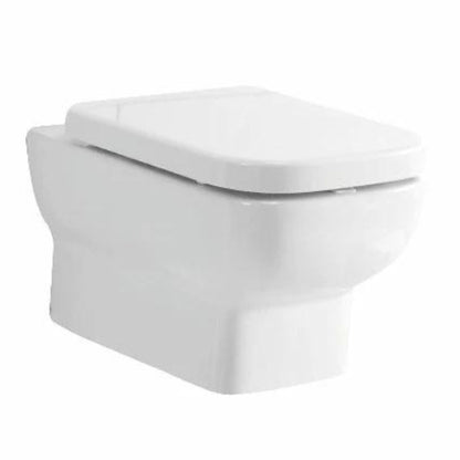 A white wall hung toilet with a closed lid.