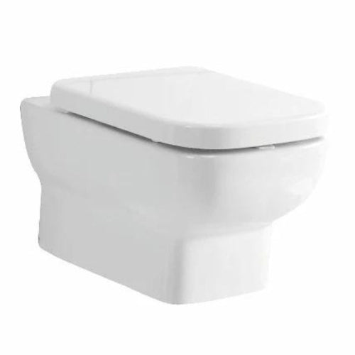 A white wall hung toilet with a closed lid.