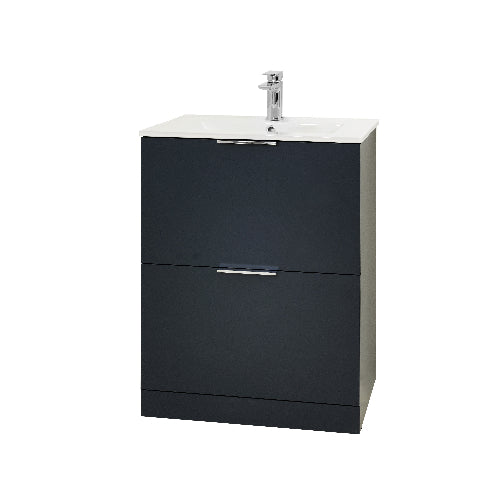 A black floor-standing vanity unit with two drawers and a silver faucet, set against a white background.